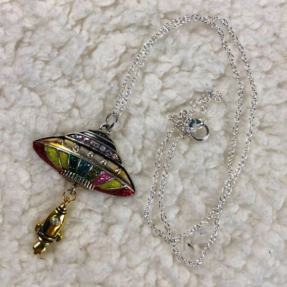 UFO gold necklace sparkly rainbow with ship under & rhinestones on silver chain - Picture 2 of 4